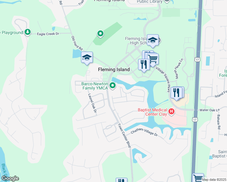map of restaurants, bars, coffee shops, grocery stores, and more near 2075 Town Center Boulevard in Orange Park