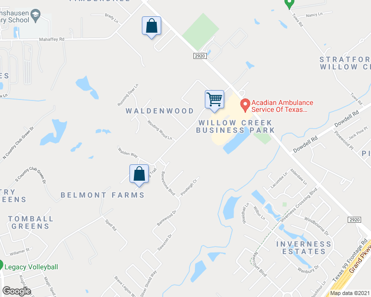map of restaurants, bars, coffee shops, grocery stores, and more near 22710 Walden Way in Tomball