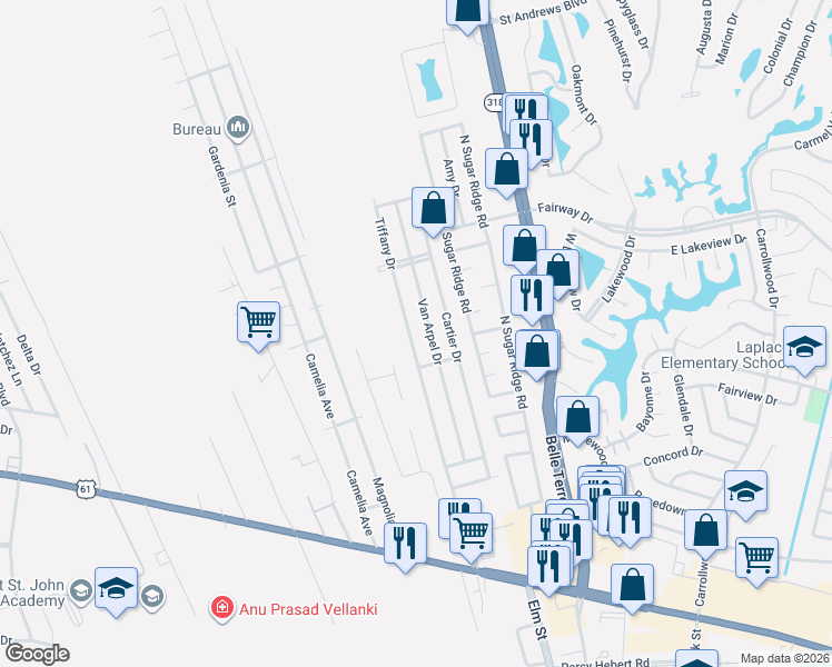 map of restaurants, bars, coffee shops, grocery stores, and more near 2009 Van Arpel Drive in LaPlace