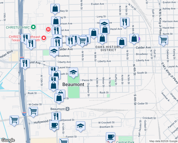 map of restaurants, bars, coffee shops, grocery stores, and more near 2441 Laurel Avenue in Beaumont