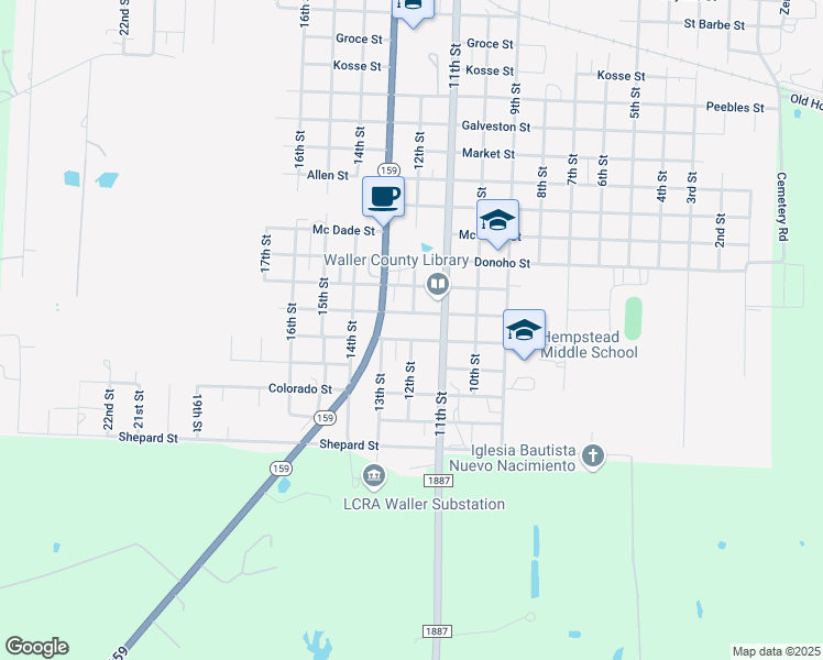 map of restaurants, bars, coffee shops, grocery stores, and more near 1111 San Antonio Street in Hempstead