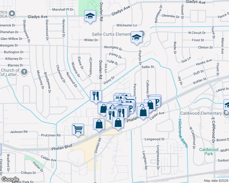 map of restaurants, bars, coffee shops, grocery stores, and more near 6312 Ivanhoe Lane in Beaumont