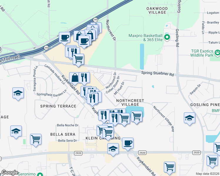 map of restaurants, bars, coffee shops, grocery stores, and more near 21735 Colter Stone Drive in Spring