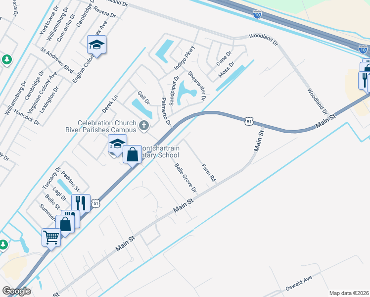 map of restaurants, bars, coffee shops, grocery stores, and more near 164 Belle Grove Drive in LaPlace