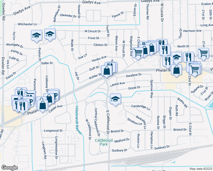 map of restaurants, bars, coffee shops, grocery stores, and more near 14 East Caldwood Drive in Beaumont