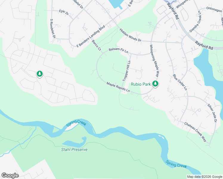 map of restaurants, bars, coffee shops, grocery stores, and more near 4134 Maple Rapids Lane in Spring