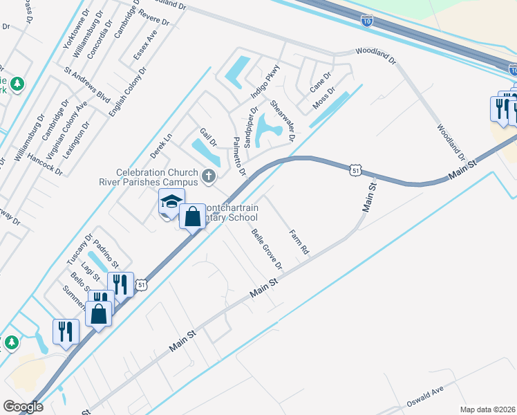 map of restaurants, bars, coffee shops, grocery stores, and more near 164 Belle Grove Drive in LaPlace