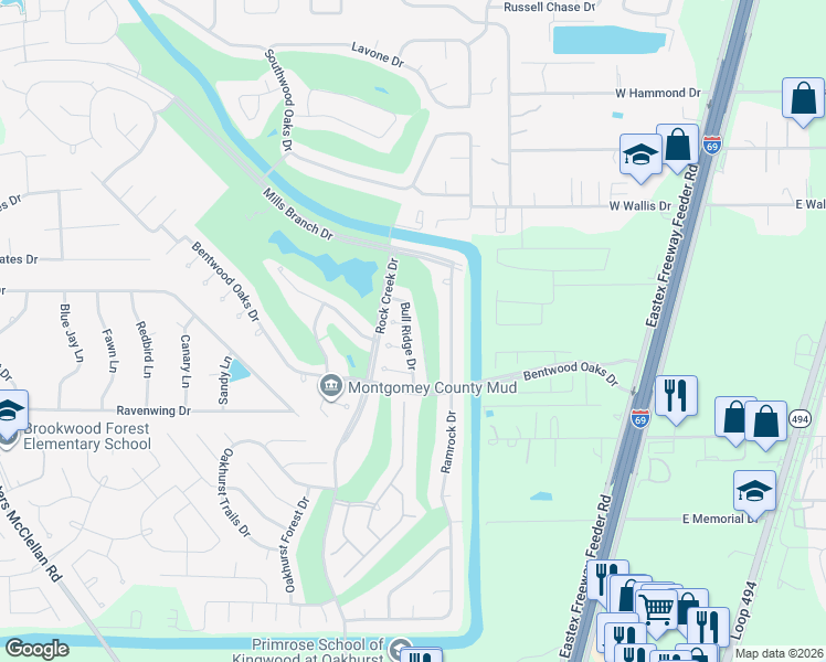 map of restaurants, bars, coffee shops, grocery stores, and more near 25231 Bull Ridge Drive in Porter
