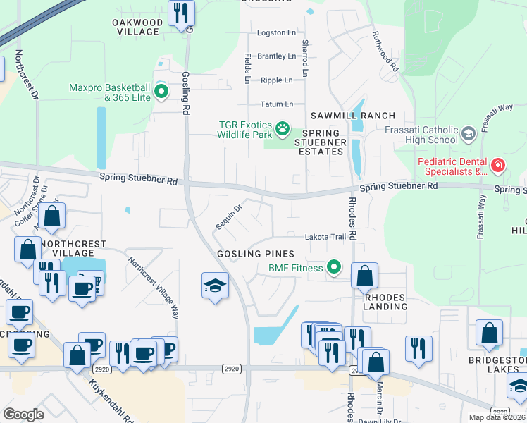 map of restaurants, bars, coffee shops, grocery stores, and more near 21815 Dimmett Way in Spring
