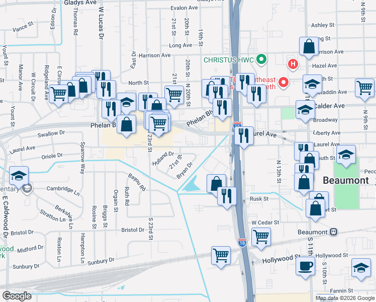 map of restaurants, bars, coffee shops, grocery stores, and more near 3670 Holland Drive in Beaumont