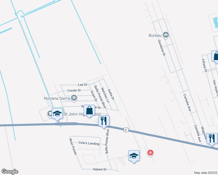 map of restaurants, bars, coffee shops, grocery stores, and more near 1532 Delta Drive in LaPlace