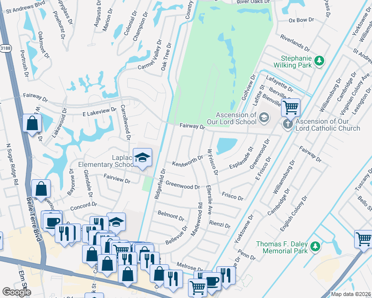 map of restaurants, bars, coffee shops, grocery stores, and more near 1900 Acadia Drive in LaPlace