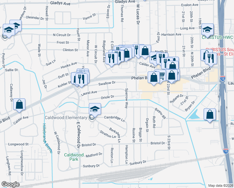 map of restaurants, bars, coffee shops, grocery stores, and more near 5135 Laurel Street in Beaumont