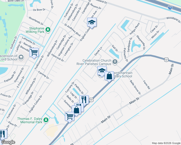 map of restaurants, bars, coffee shops, grocery stores, and more near 11 Kerney Court in LaPlace