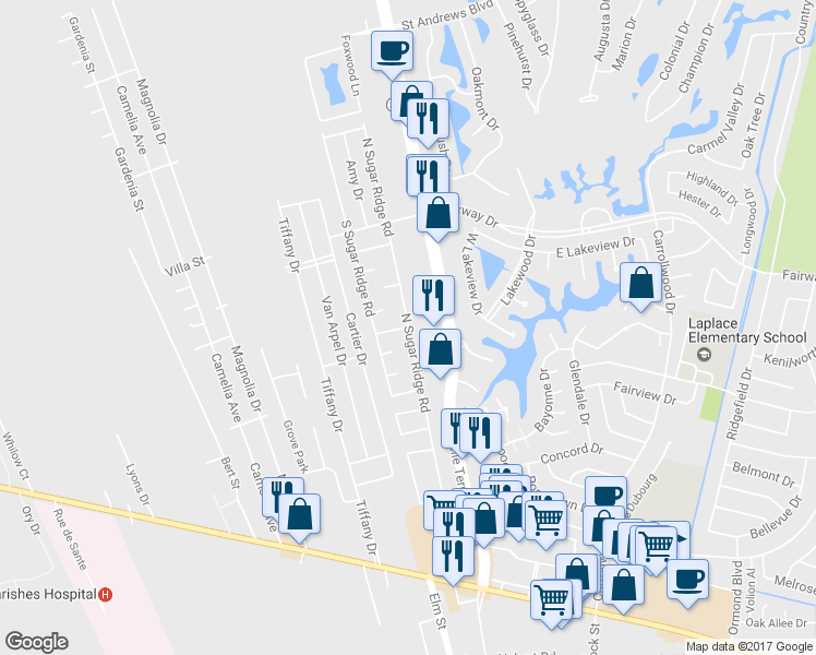 map of restaurants, bars, coffee shops, grocery stores, and more near North Sugar Ridge Road in LaPlace