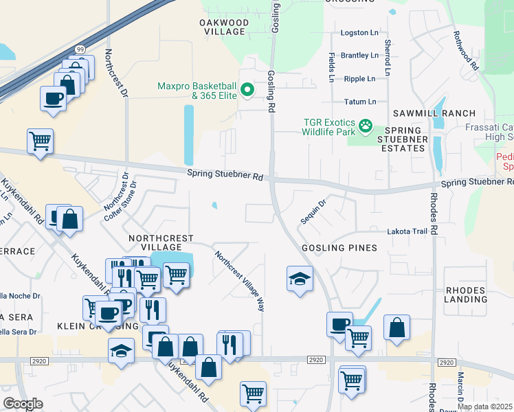 map of restaurants, bars, coffee shops, grocery stores, and more near 5807 Spring Stuebner Rd in Spring