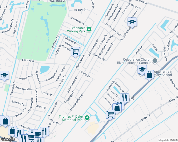 map of restaurants, bars, coffee shops, grocery stores, and more near 2317 Virginian Colony Avenue in LaPlace