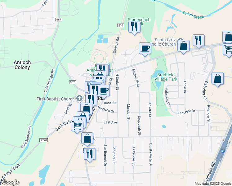 map of restaurants, bars, coffee shops, grocery stores, and more near 208 North Cedar Street in Buda