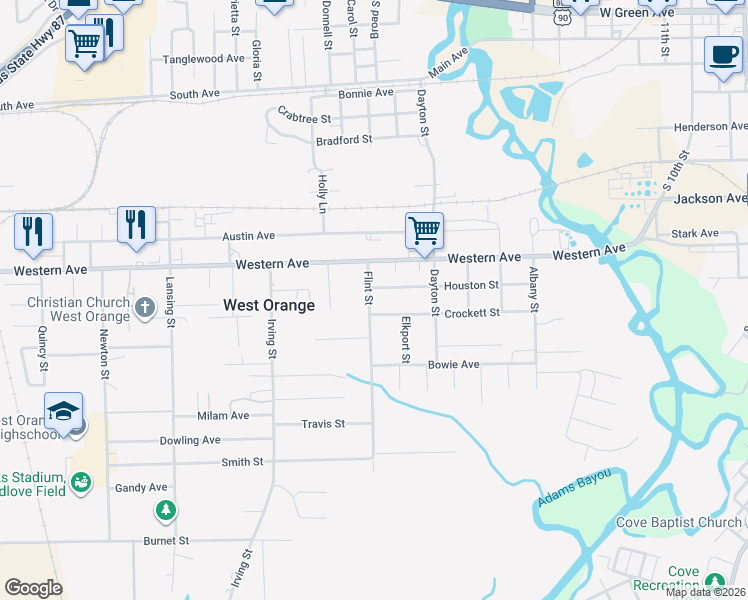 map of restaurants, bars, coffee shops, grocery stores, and more near 2107 Houston Street in West Orange