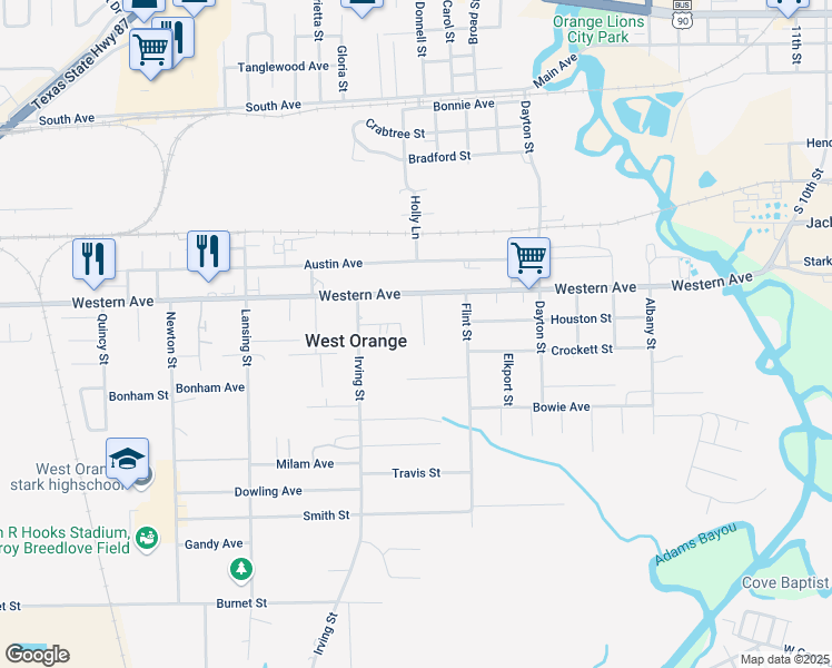 map of restaurants, bars, coffee shops, grocery stores, and more near 800 Galveston St in West Orange