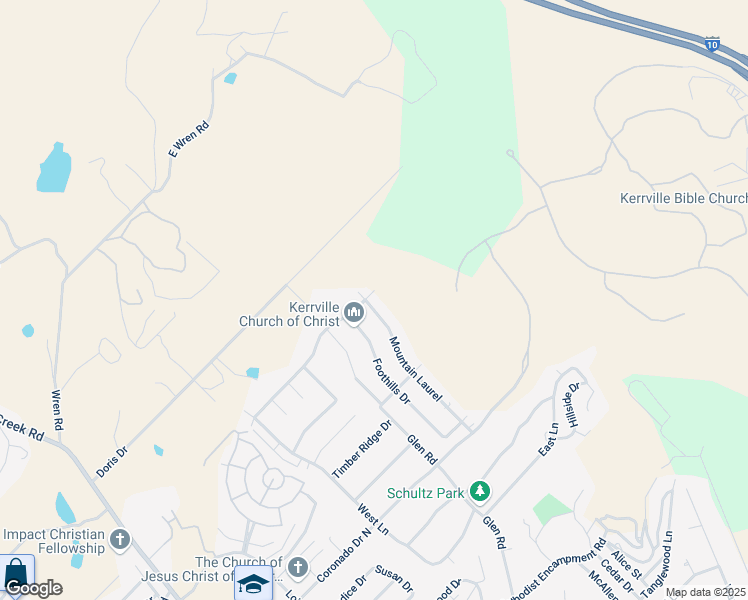 map of restaurants, bars, coffee shops, grocery stores, and more near 1844 Mount Laurel Trail in Kerrville
