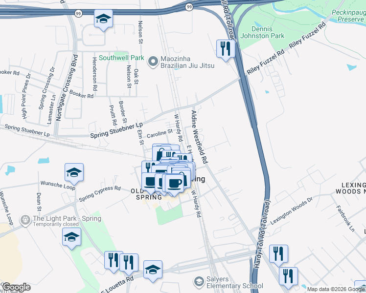 map of restaurants, bars, coffee shops, grocery stores, and more near 26717 West Hardy Road in Spring