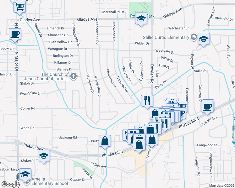 map of restaurants, bars, coffee shops, grocery stores, and more near 885 Chatwood Drive in Beaumont