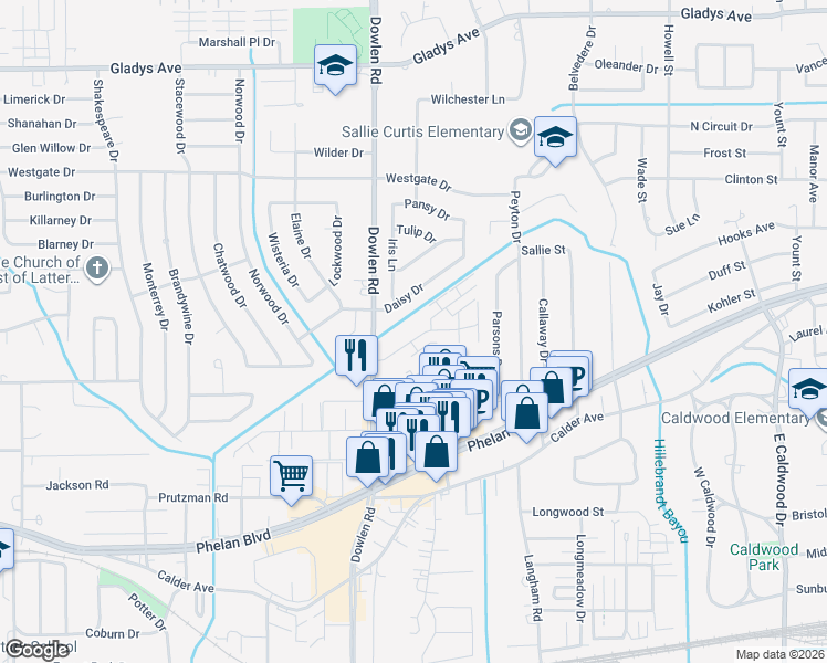 map of restaurants, bars, coffee shops, grocery stores, and more near 6312 Ivanhoe Lane in Beaumont