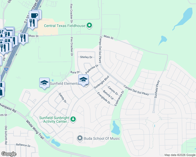 map of restaurants, bars, coffee shops, grocery stores, and more near 340 Tangerine Drive in Buda