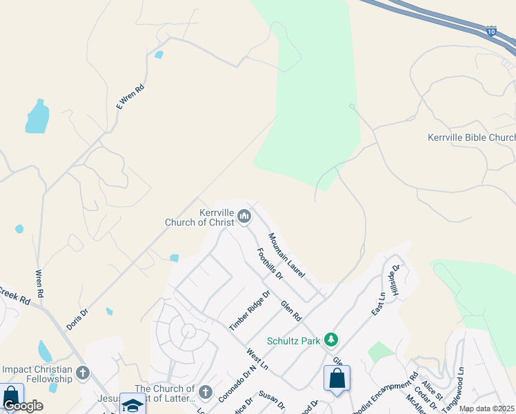 map of restaurants, bars, coffee shops, grocery stores, and more near 1844 Mount Laurel Trail in Kerrville