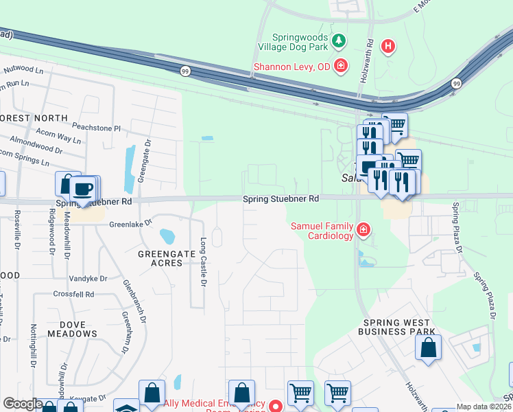 map of restaurants, bars, coffee shops, grocery stores, and more near 2402 Fern Lacy Court in Spring