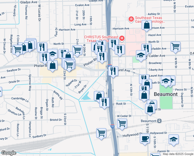 map of restaurants, bars, coffee shops, grocery stores, and more near 3415 Laurel Avenue in Beaumont