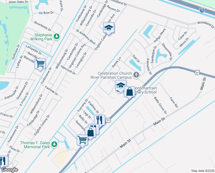 map of restaurants, bars, coffee shops, grocery stores, and more near 11 Kerney Court in LaPlace