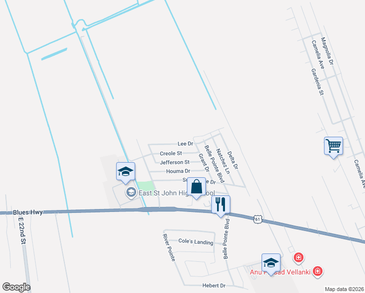 map of restaurants, bars, coffee shops, grocery stores, and more near 1835 Lee Drive in LaPlace