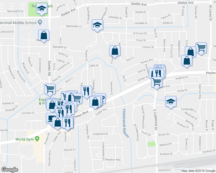 map of restaurants, bars, coffee shops, grocery stores, and more near 435 Belvedere Dr in Beaumont