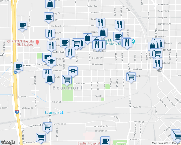 map of restaurants, bars, coffee shops, grocery stores, and more near 2405 Laurel Avenue in Beaumont