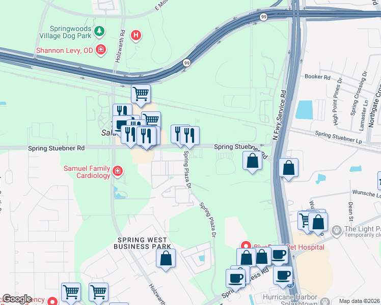 map of restaurants, bars, coffee shops, grocery stores, and more near 1959 Spring Stuebner Road in Spring