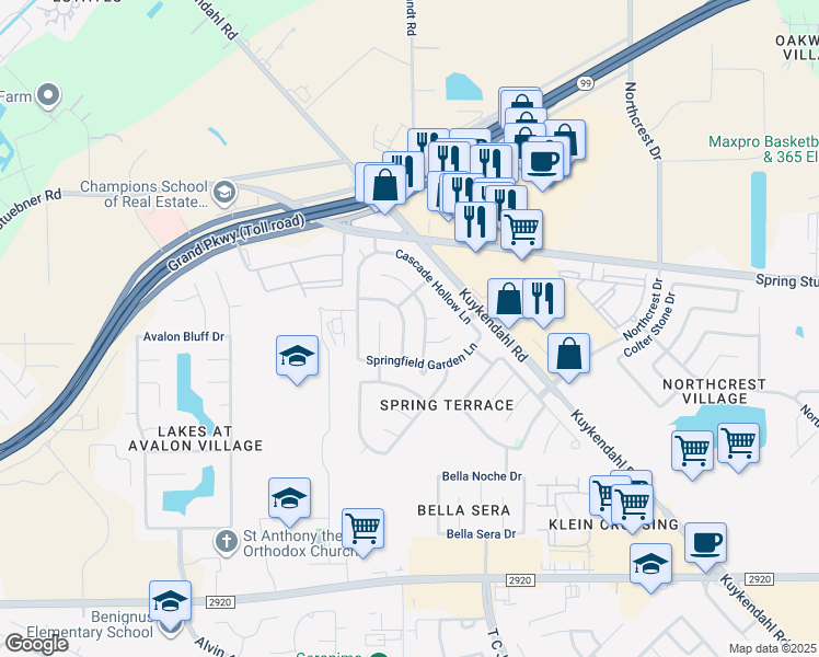 map of restaurants, bars, coffee shops, grocery stores, and more near 21806 Prairie Spring Lane in Spring