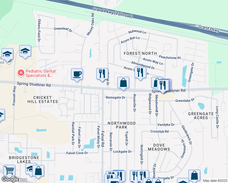 map of restaurants, bars, coffee shops, grocery stores, and more near 3727 Spring Stuebner Road in Spring