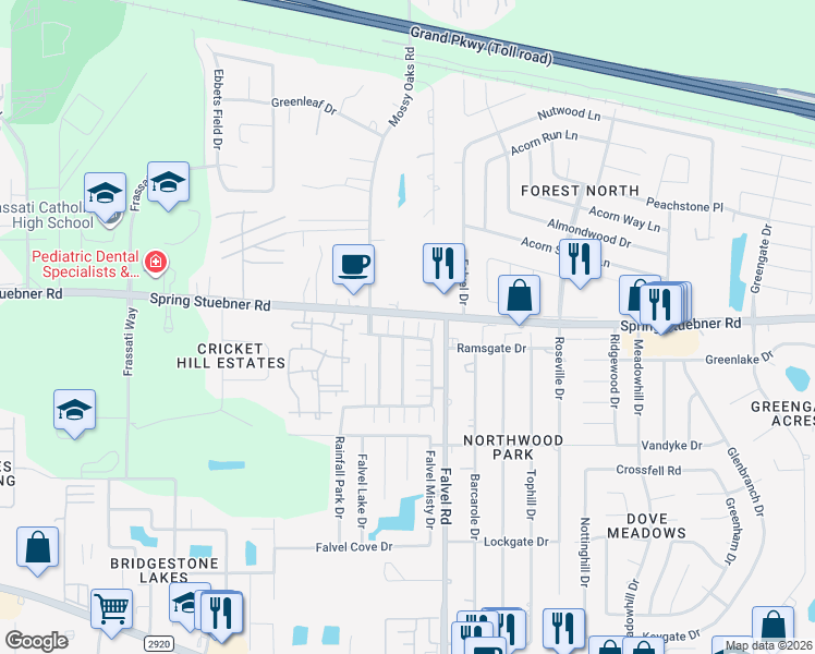 map of restaurants, bars, coffee shops, grocery stores, and more near 4010 Mossy Place Lane in Spring