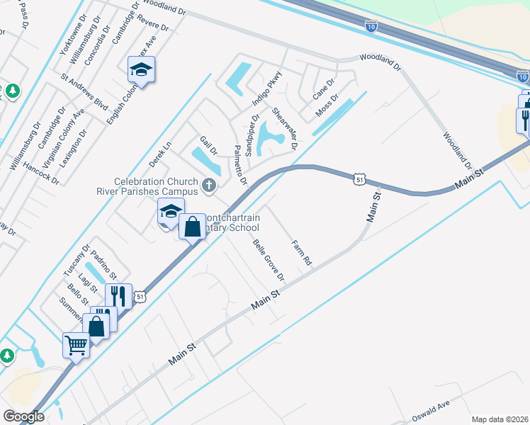 map of restaurants, bars, coffee shops, grocery stores, and more near 164 Belle Grove Drive in LaPlace