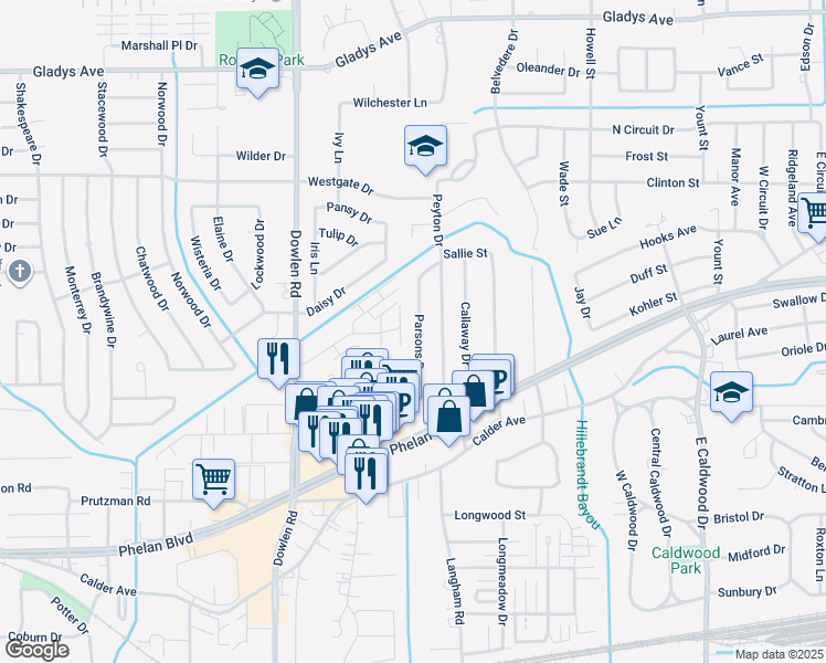 map of restaurants, bars, coffee shops, grocery stores, and more near 765 Parsons Drive in Beaumont