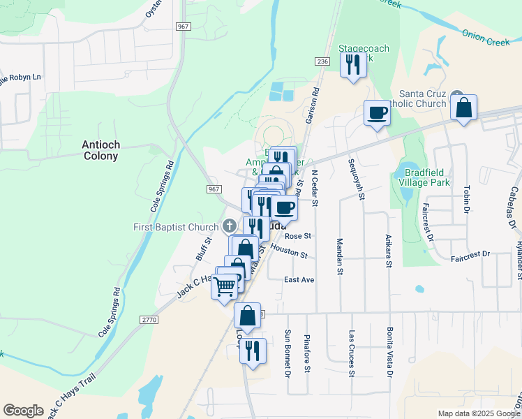 map of restaurants, bars, coffee shops, grocery stores, and more near 210 Austin Street in Buda