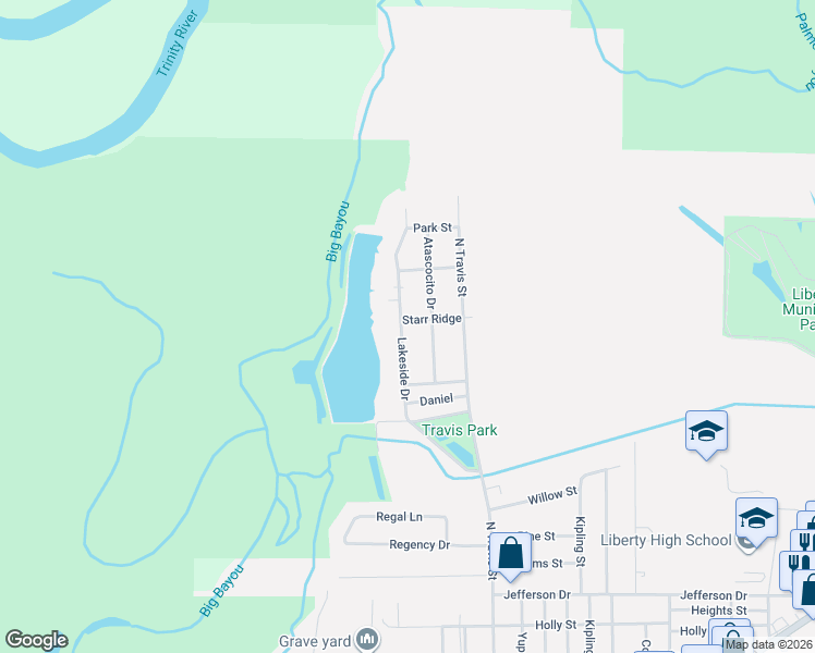map of restaurants, bars, coffee shops, grocery stores, and more near 5012 Lakeside Drive in Liberty