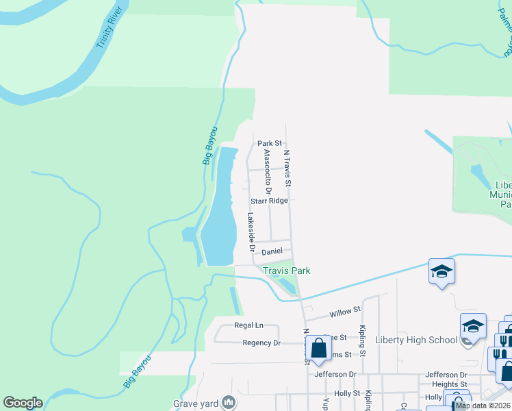map of restaurants, bars, coffee shops, grocery stores, and more near 5012 Lakeside Drive in Liberty