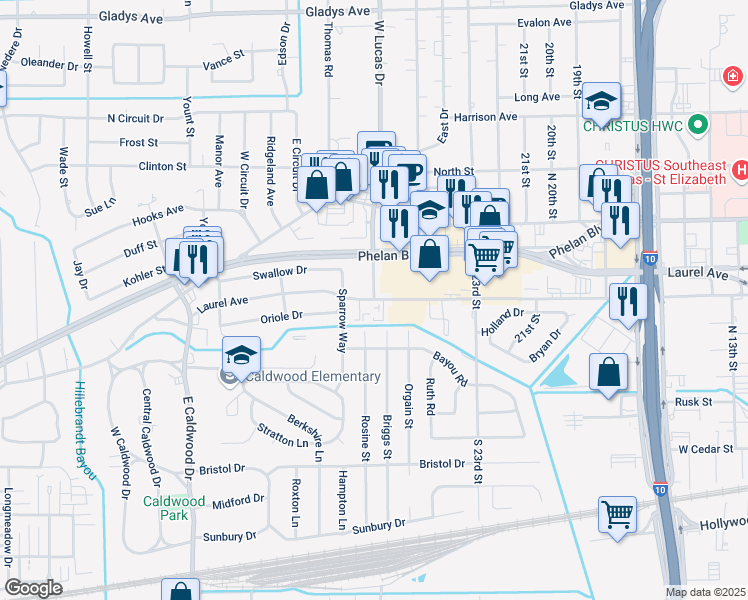 map of restaurants, bars, coffee shops, grocery stores, and more near 201 Office Park Drive in Beaumont