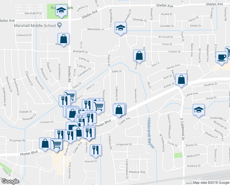 map of restaurants, bars, coffee shops, grocery stores, and more near 765 Callaway Drive in Beaumont