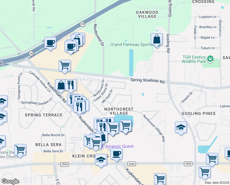 map of restaurants, bars, coffee shops, grocery stores, and more near 6118 Schaumburg Drive in Spring