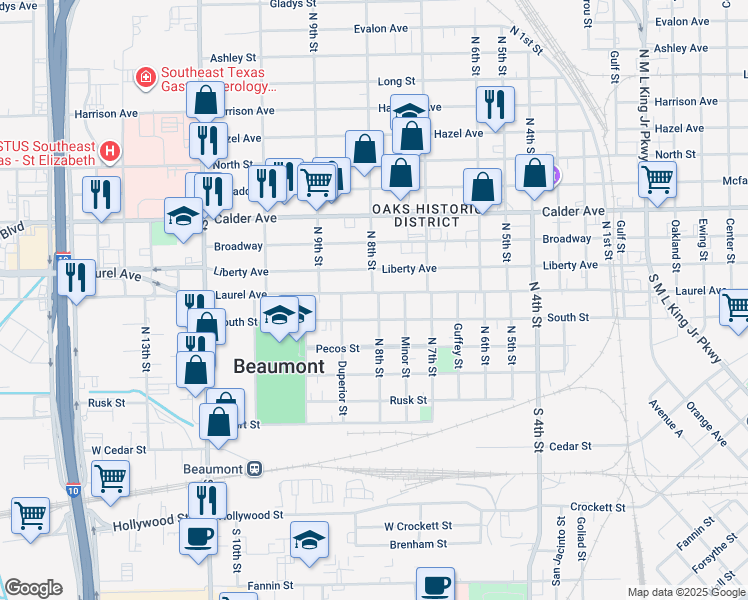 map of restaurants, bars, coffee shops, grocery stores, and more near 2385 Laurel Street in Beaumont