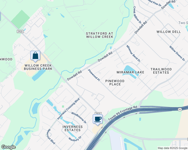 map of restaurants, bars, coffee shops, grocery stores, and more near 22714 Pinewood Place in Tomball